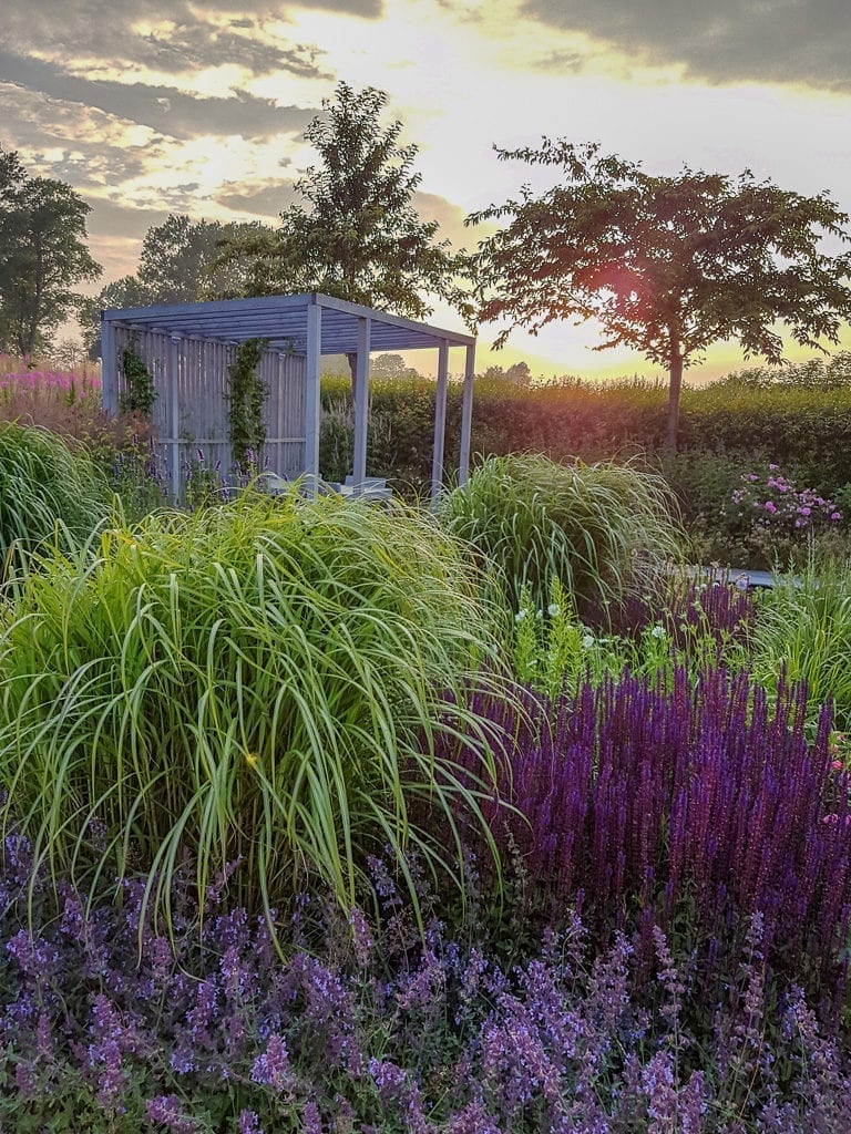 Mysig sittplats under pergola i en lummig trädgård. Trädgårdsdesign av Ulrika Levin, trädgårdsdesigner och trädgårdsarkitekt.